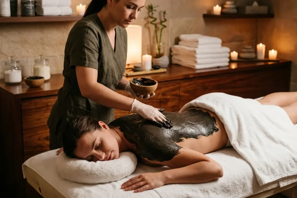 spa therapist applying mud therapy treatment to client back in professional wellness spa