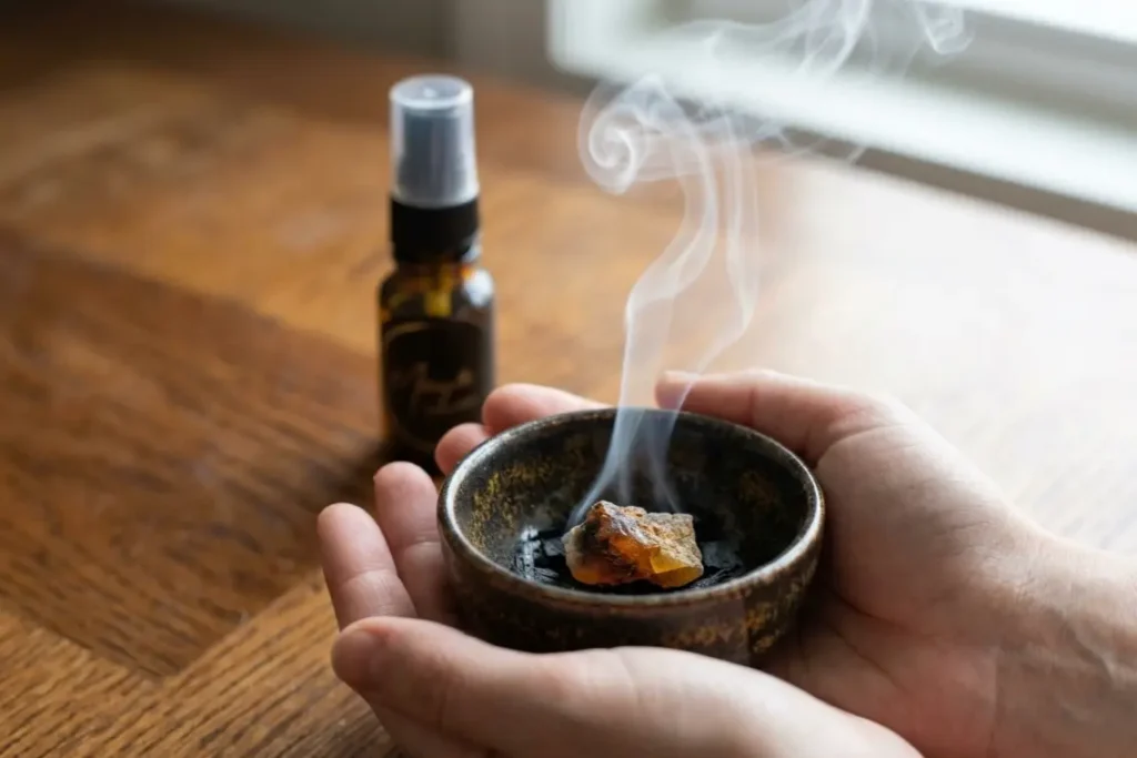 natural fragrance oils UK used in meditation ritual with botanical resin smoke