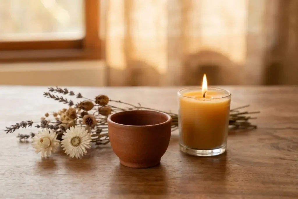 sacred cacao ceremony at home space with candle dried flowers and ceramic mug
