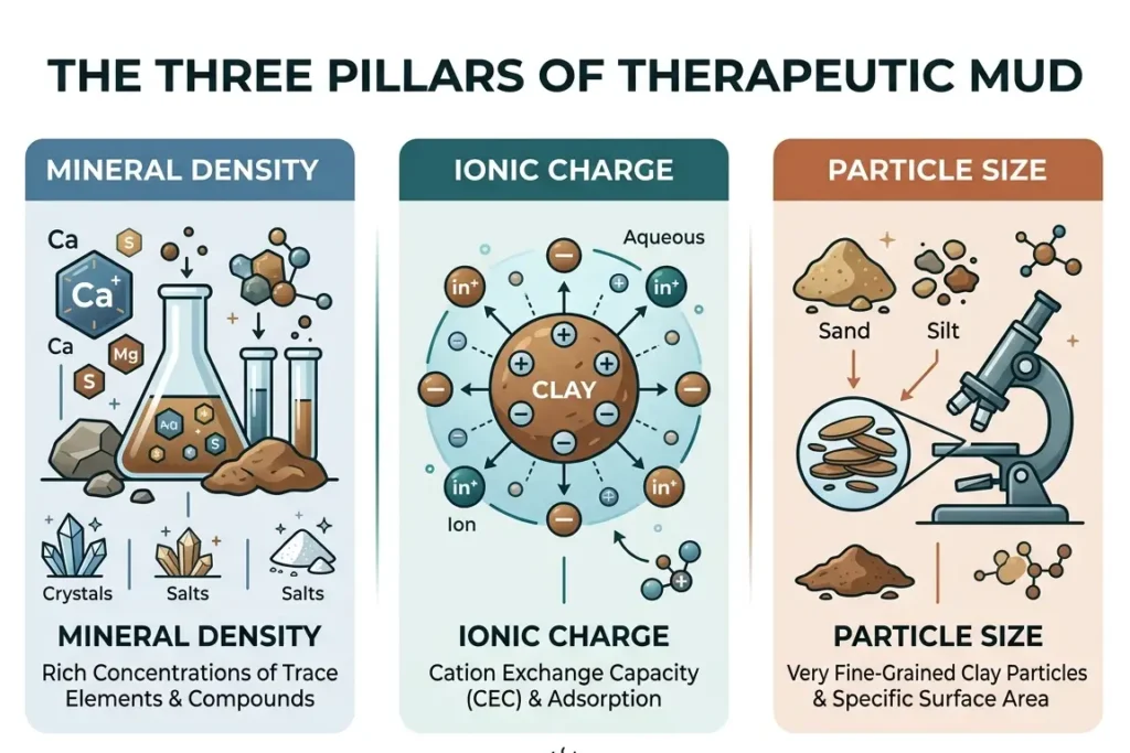 Infographic showing three factors that make mud effective for bathing, mineral content, ionic charge, and particle size