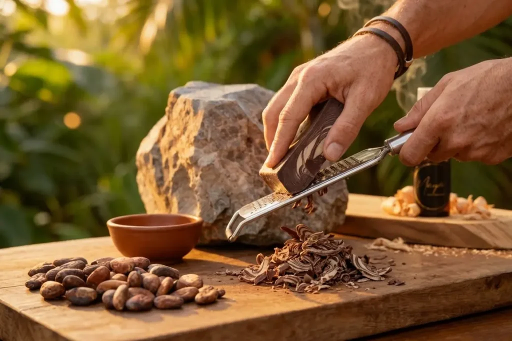 Mayä Sacred ceremonial cacao block being prepared for ritual use in the UK. buy Mayä Sacred products UK