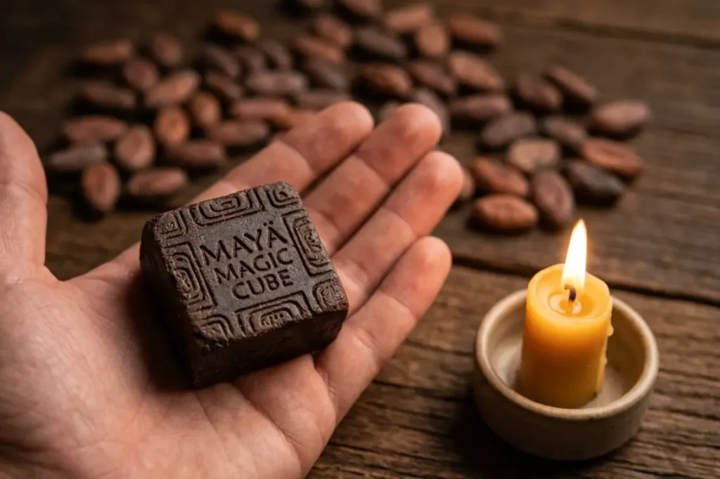 Mayä Magic Cube raw Ecuadorian ceremonial cacao UK from Maya Sacred resting in an open palm beside a candle