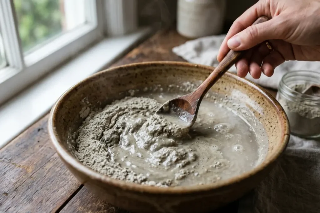 Bentonite clay mixed into warm water for a DIY mud bath recipe UK at home ritual