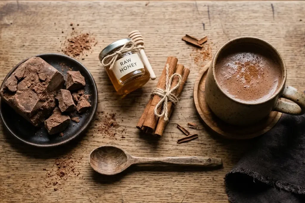ingredients for an easy ceremonial cacao ritual recipe at home, flat lay on wooden board UK