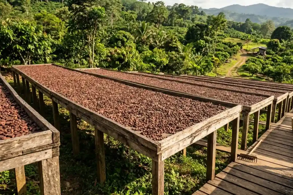 ethical ceremonial cacao sourcing single-origin cacao beans drying UK supplier