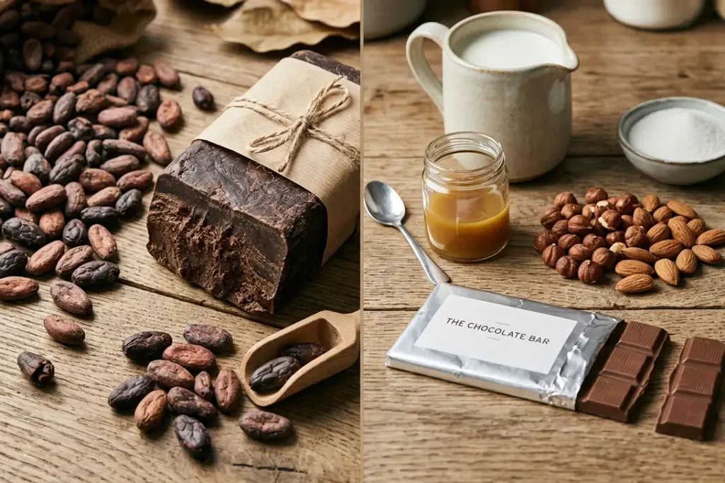 Pure cacao beans vs processed chocolate ingredients including milk, soy, and nuts showing hidden allergens