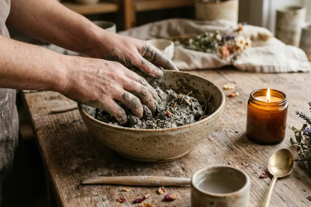 home mud bath ritual clay preparation with botanicals UK wellness