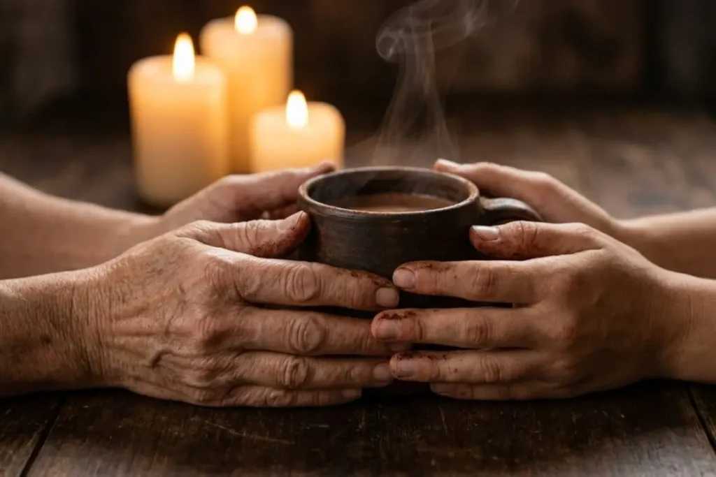 mindful drinking in a daily ceremonial cacao ritual hands holding warm cup with steam