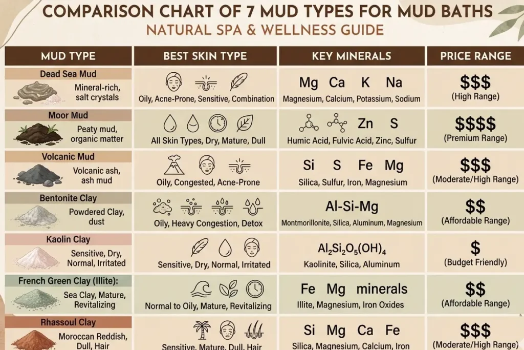 Comparison chart ranking 7 types of mud for mud baths including bentonite, Dead Sea mud, and moor mud