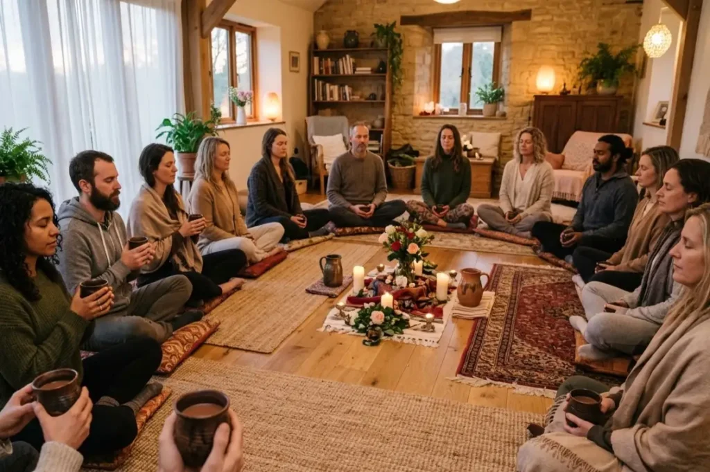 Beautiful souls sitting in a heart-opening ceremonial cacao UK circle held by Maya Sacred, healing ceremony in the UK