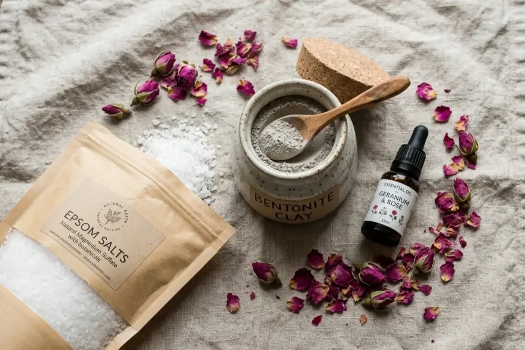 Ingredients for a DIY mud bath recipe UK including clay, salts and botanicals for a home spa ritual