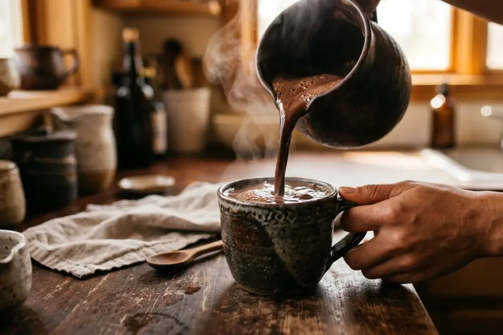 step-by-step how to make ceremonial cacao, pouring the finished drink into a handmade cup UK