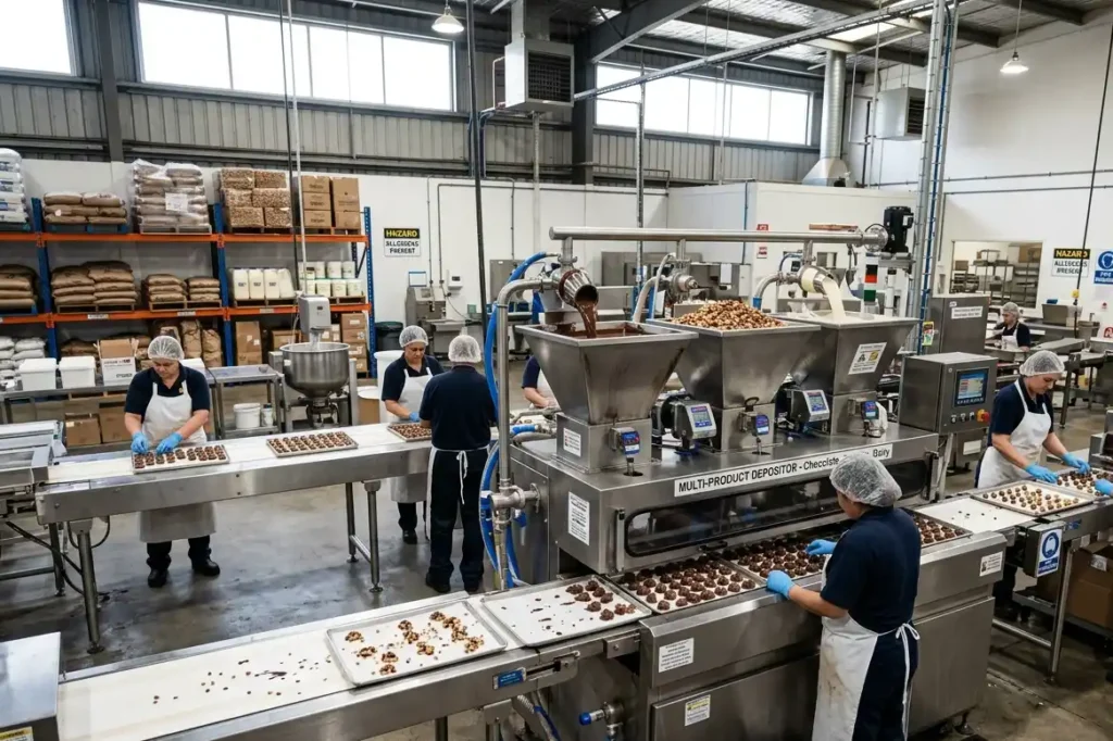 Chocolate factory production line illustrating cross-contamination risks with dairy, nuts, and soy