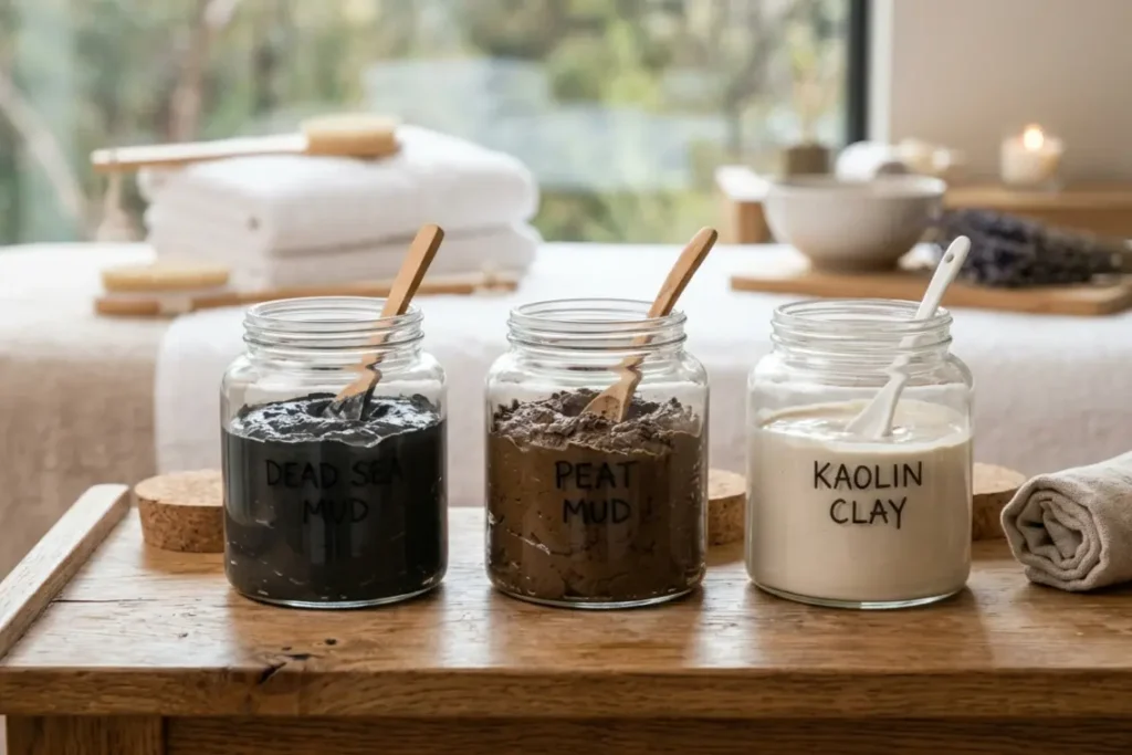 different types of therapeutic mud used in spa mud bath treatments including Dead Sea and peat mud