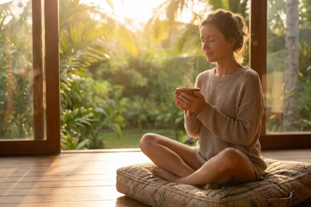 woman doing daily cacao ritual at home with morning light and ceremonial cup in hands
