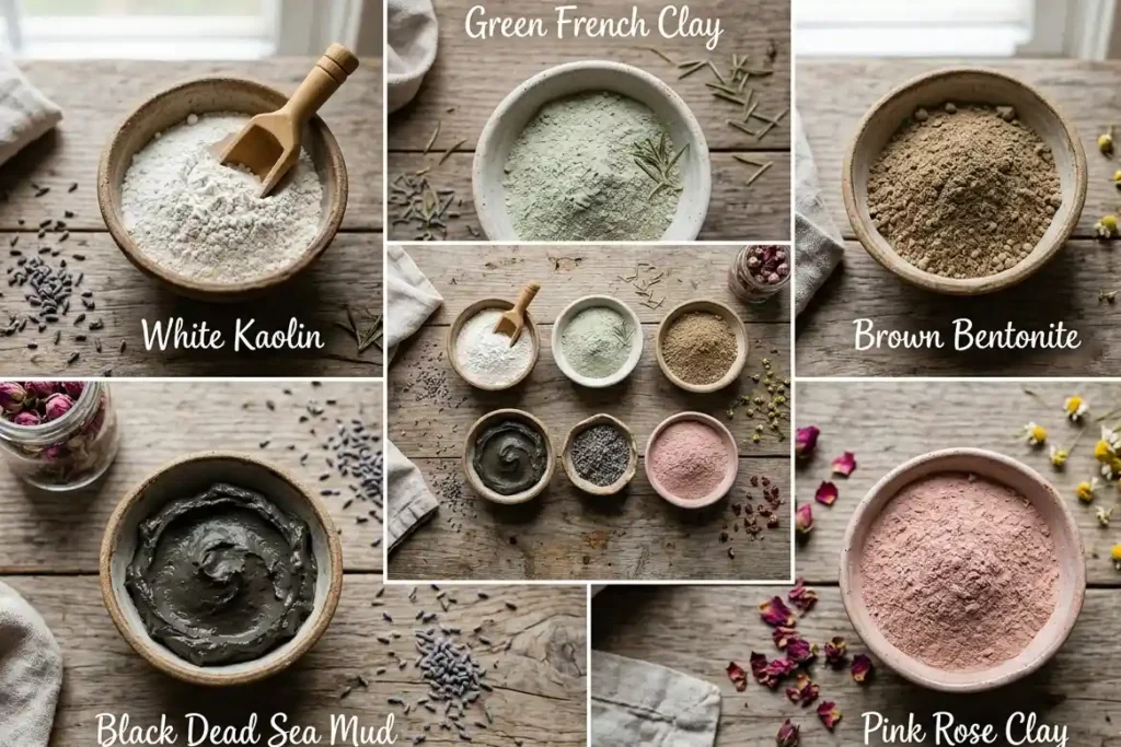 Flat lay photo showing different types of mud and clay used for therapeutic mud baths