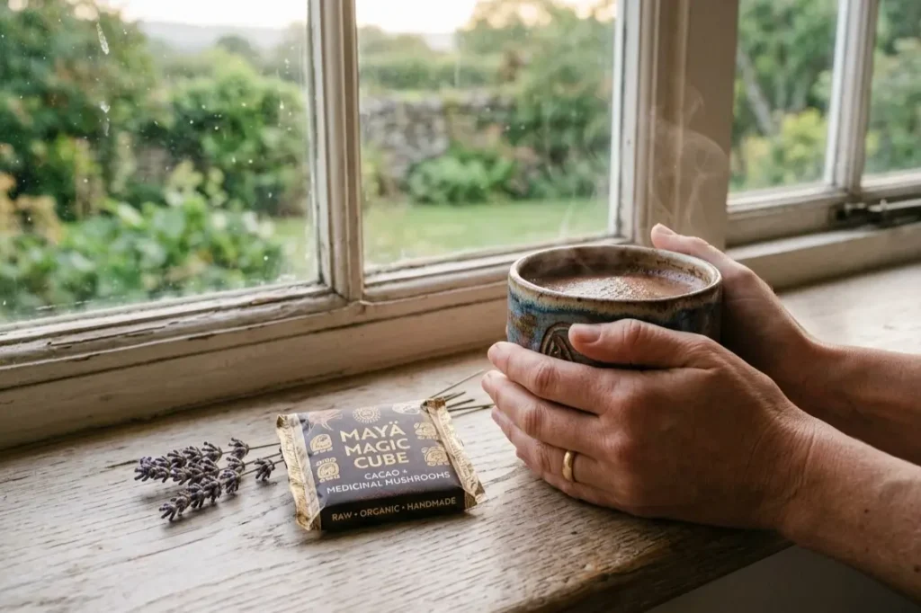 Hands holding a ceremonial cacao UK cup prepared with a Mayä Magic Cube in soft morning light, sacred cacao home ritual