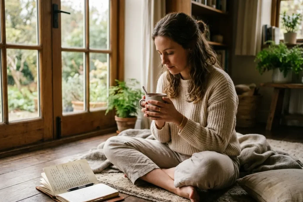 Emotional healing and mental wellness with ceremonial cacao mindful ritual in a UK home