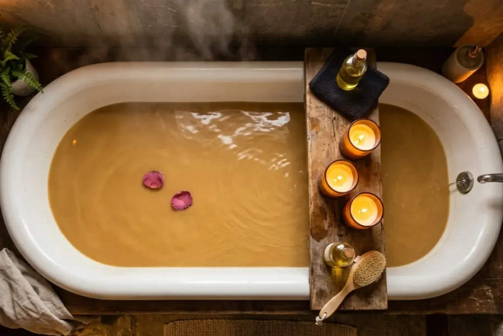 Mud bath at home in warm clay water with rose petals and candles for a home spa ritual UK