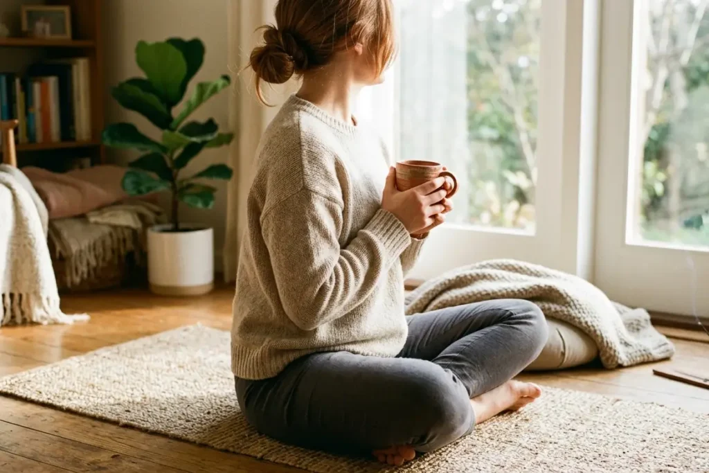 setting intention with a Maya Sacred ceremonial cacao ritual recipe, seated meditation with cacao cup UK