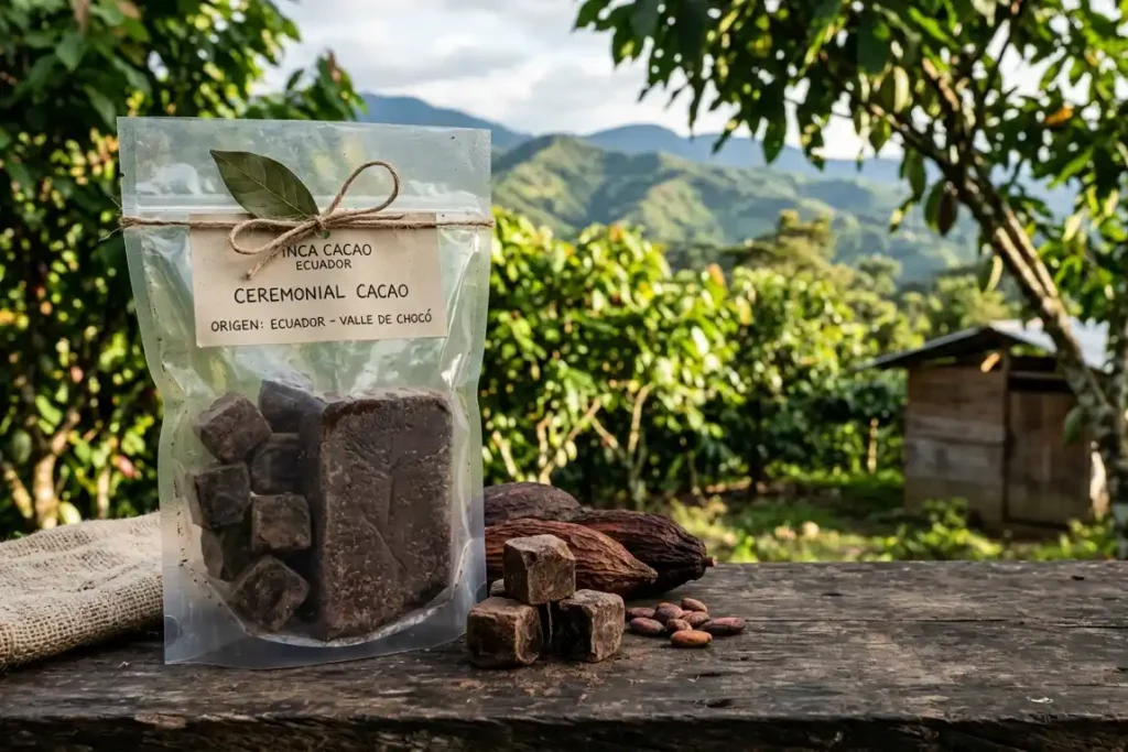 Factory-sealed ceremonial cacao from Ecuador showing pure single-ingredient chocolate in original packaging