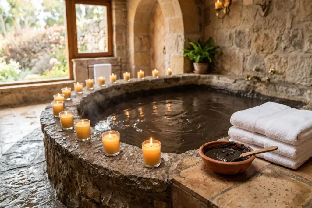 spa mud bath setup at home UK with mineral mud filled tub candles and white towels