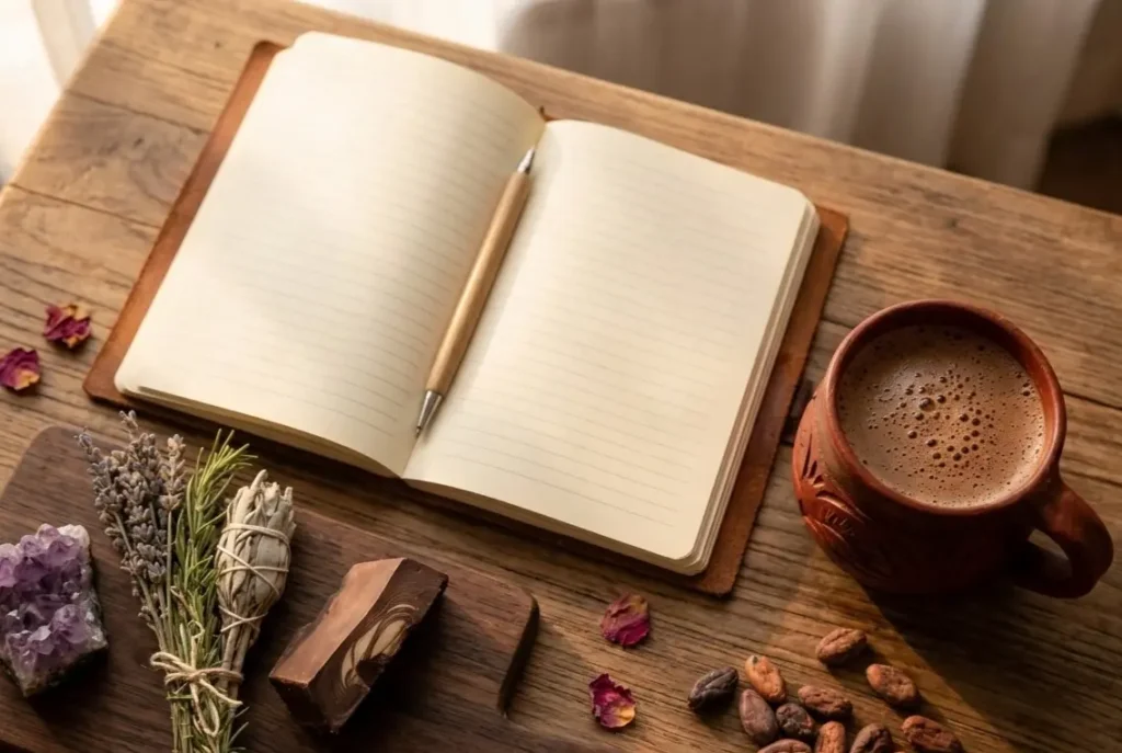 daily ceremonial cacao ritual ideas morning setup with journal herbs and crystal flat lay