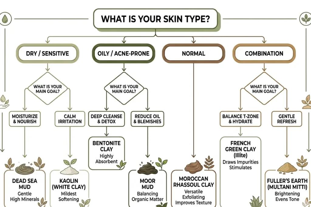 Flowchart showing how to choose the best mud type for a mud bath based on skin type and wellness goals