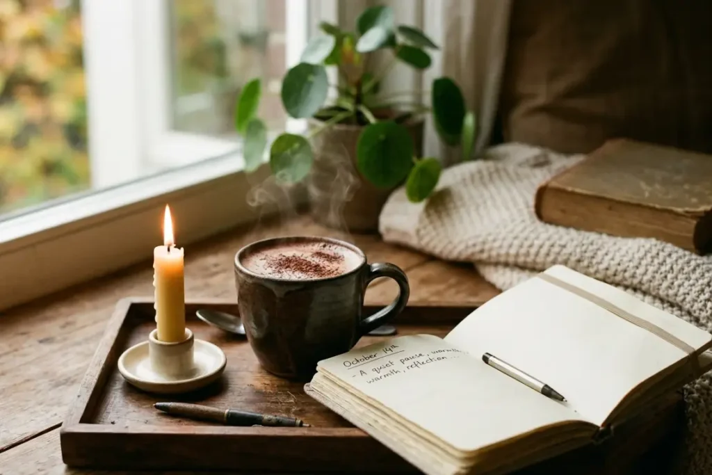 home ritual setup for a cacao ceremony recipe UK, candle journal and Maya Sacred cacao on wooden tray