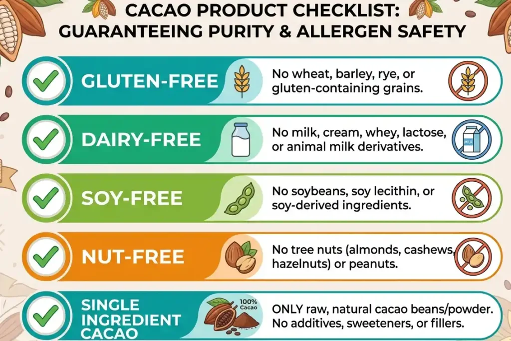Allergen-free cacao checklist showing gluten-free, dairy-free, soy-free, and nut-free benefits of pure cacao