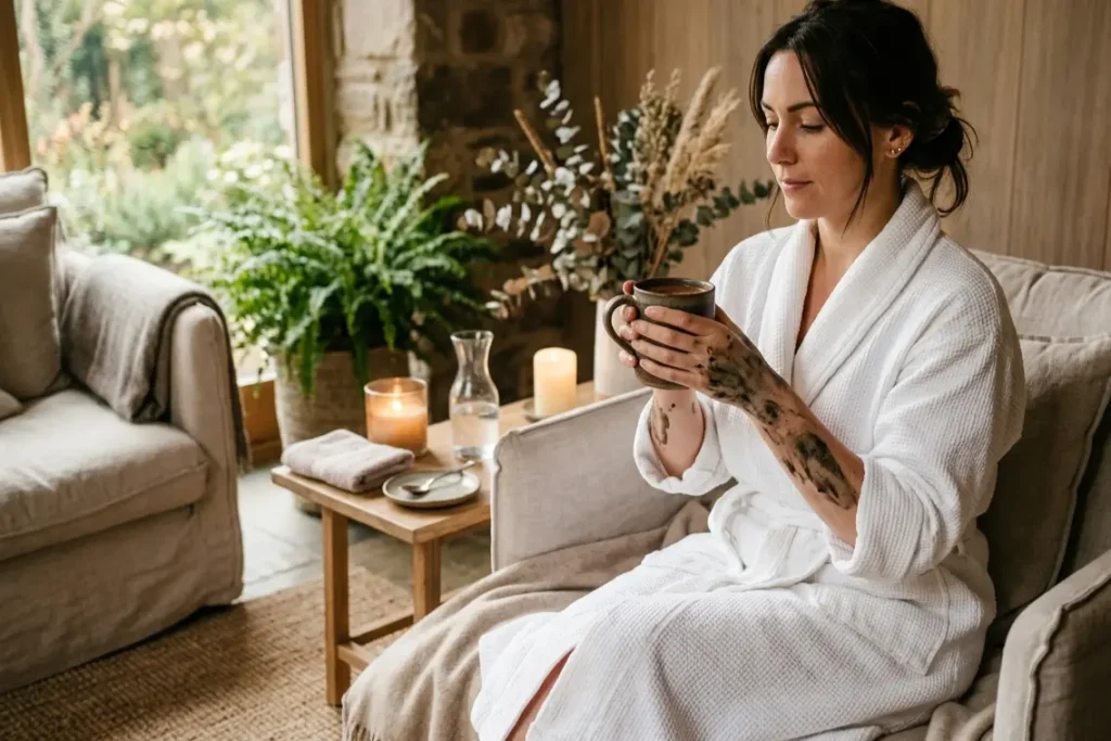 person drinking ceremonial cacao after mud bath spa treatment Maya Sacred natural body detox ritual