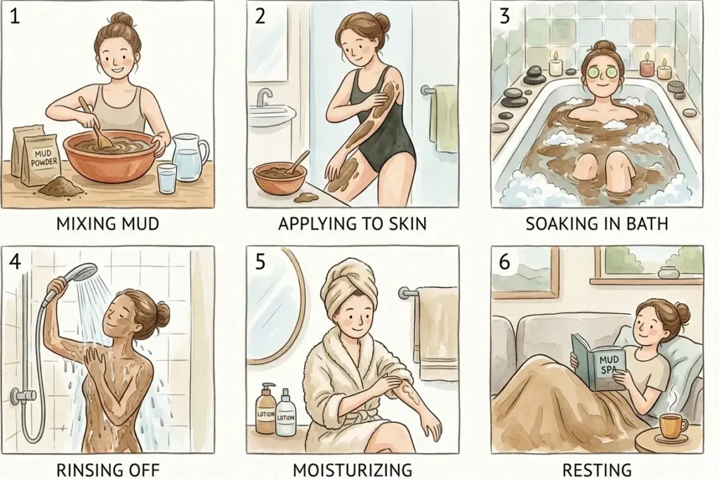 Step-by-step illustration showing how to prepare and enjoy a mud bath at home