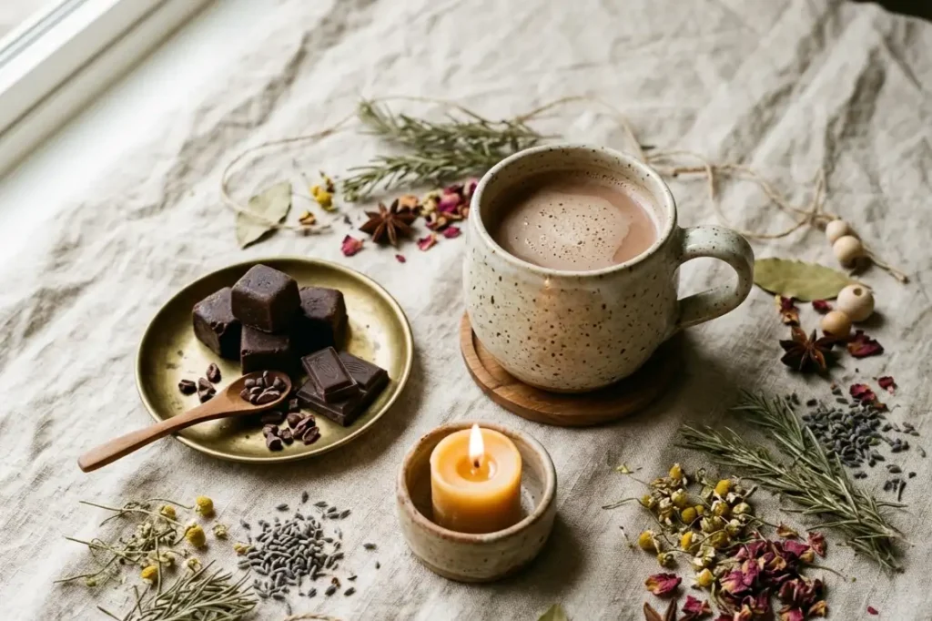 Morning ceremonial cacao mindfulness ritual with Maya Sacred products UK wellness flat lay