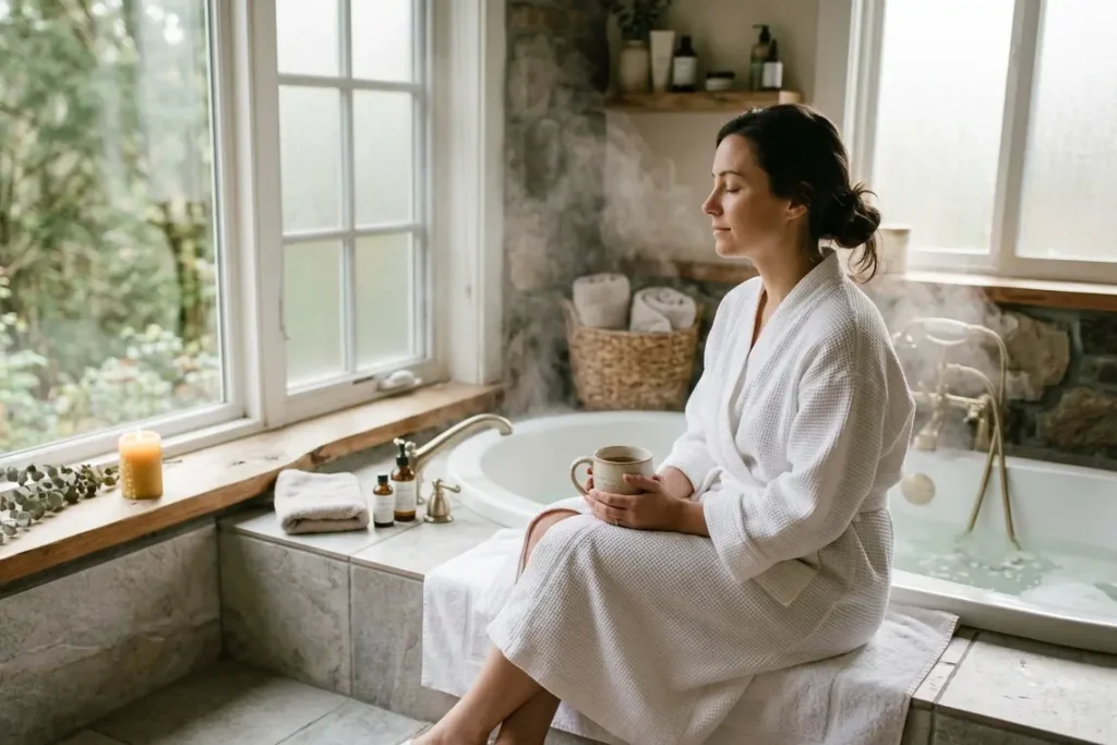 Resting after a natural detox bath at home wrapped in a robe with ceremonial cacao UK wellness ritual