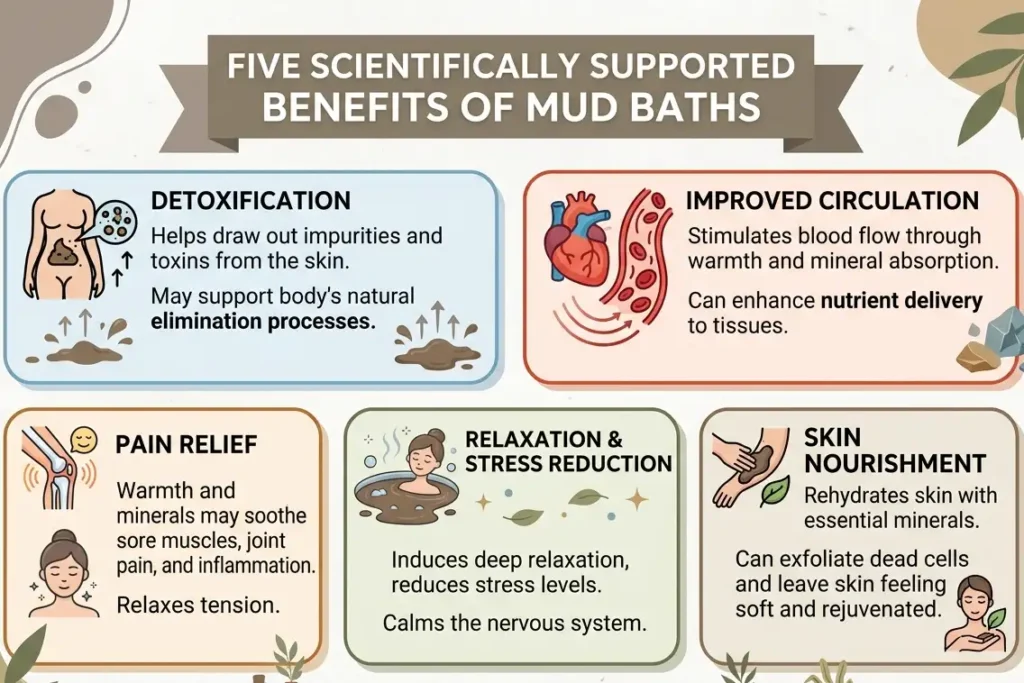 Infographic showing five evidence-supported benefits of therapeutic mud baths