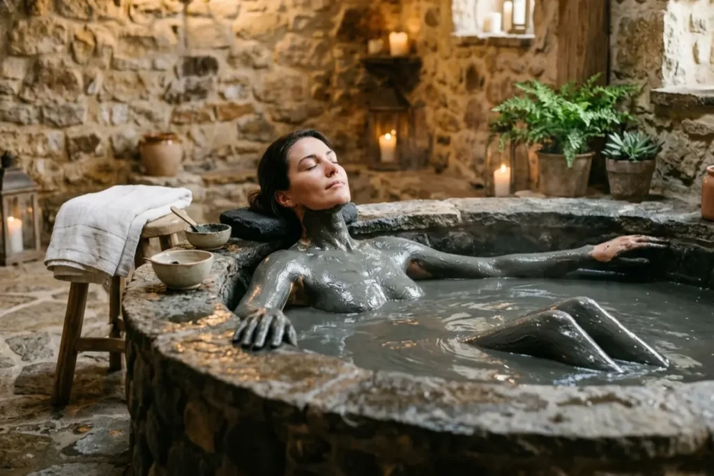 person lying in mineral mud bath therapy spa treatment with dark clay covering skin