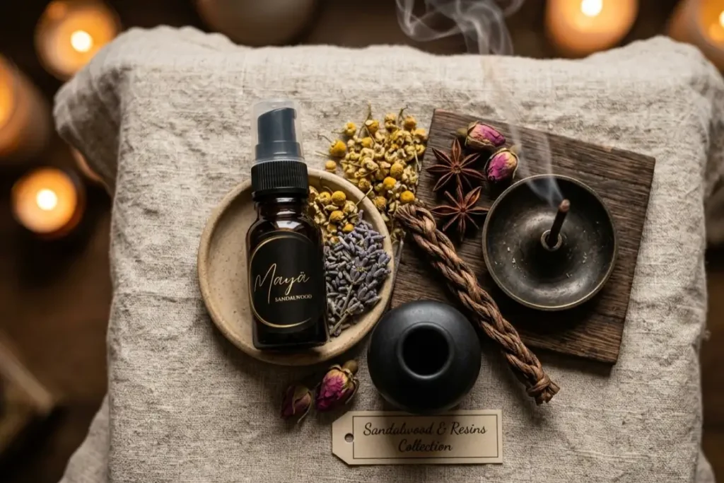 natural fragrances UK ritual setup with botanical oils and resin incense on linen cloth