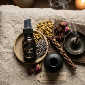 natural fragrances UK ritual setup with botanical oils and resin incense on linen cloth
