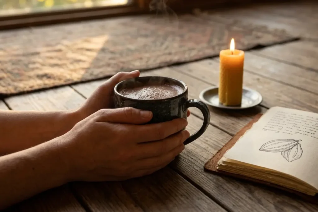 ceremonial cacao ritual for beginners with sacred cup journal and candlelight