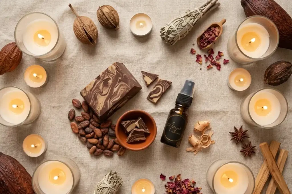 Best Mayä Sacred products UK including ceremonial cacao block, Mayä Oud fragrance and ritual goodie bag