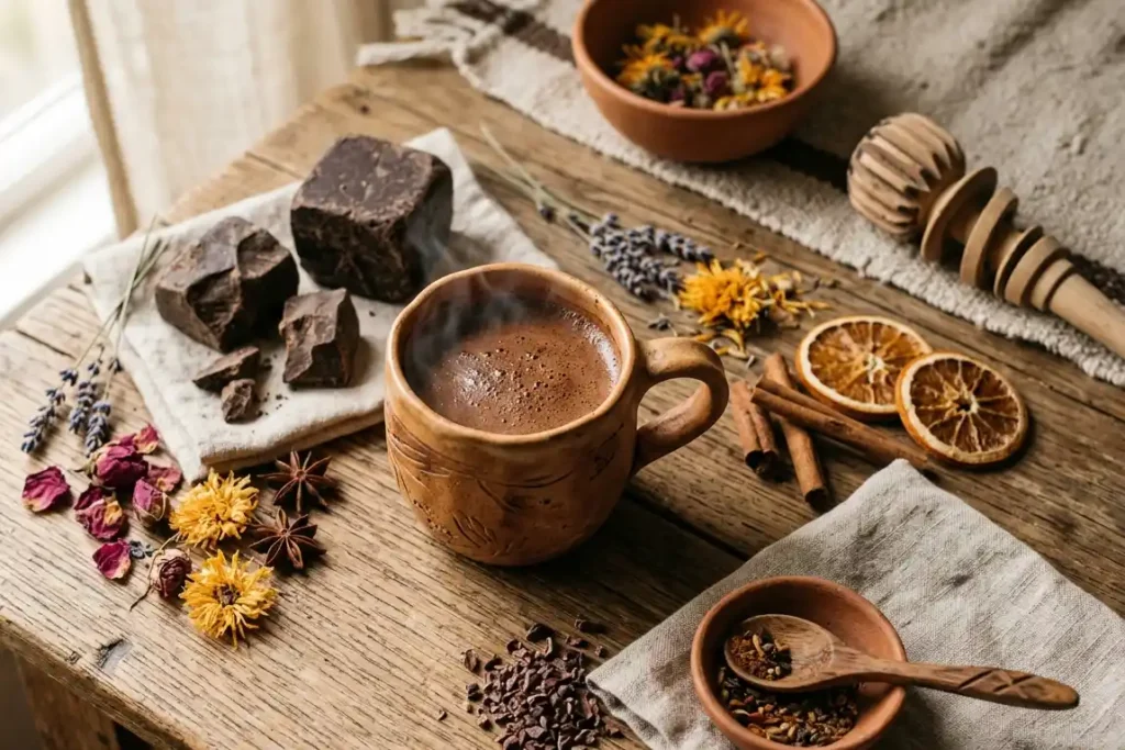 Ceremonial cacao UK -- a warm cup of sacred cacao prepared for a morning wellness ritual