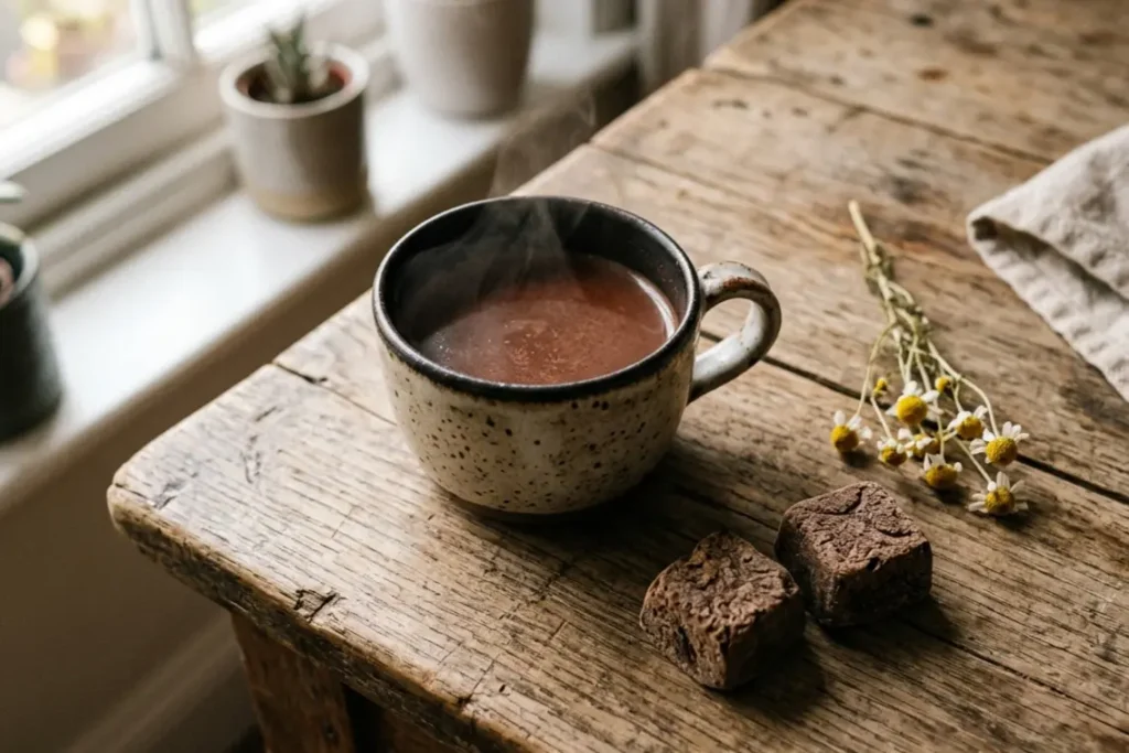 Maya Sacred ceremonial cacao benefits warm cup of sacred cacao with Mayä Magic Cubes for UK ritual and wellness