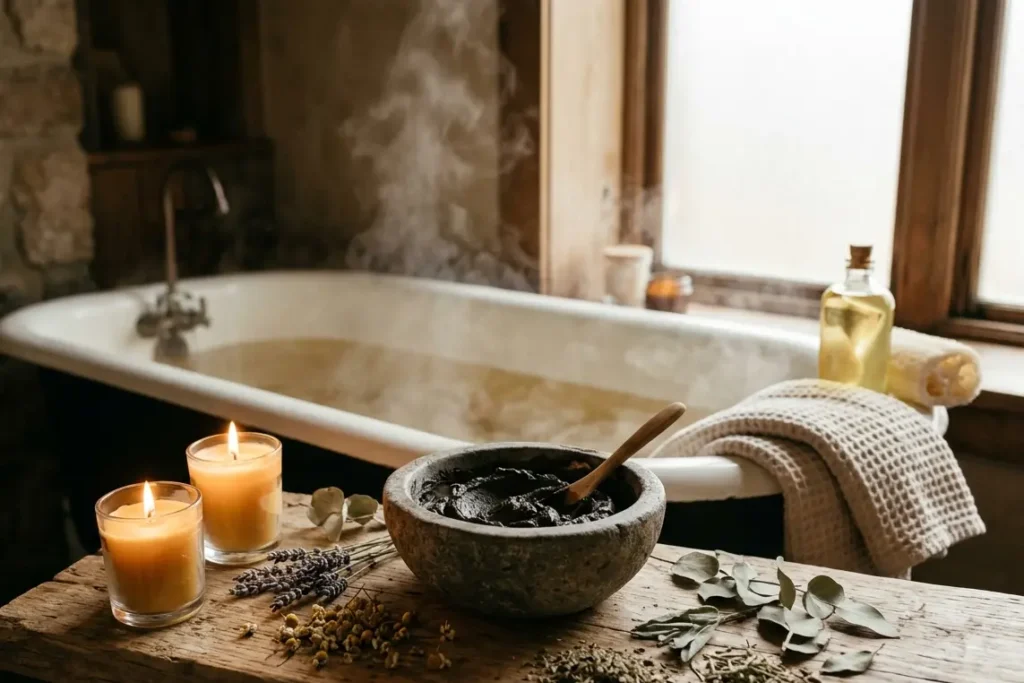 Mud bath at home setup with bentonite clay, candles and dried botanicals for a home spa ritual UK