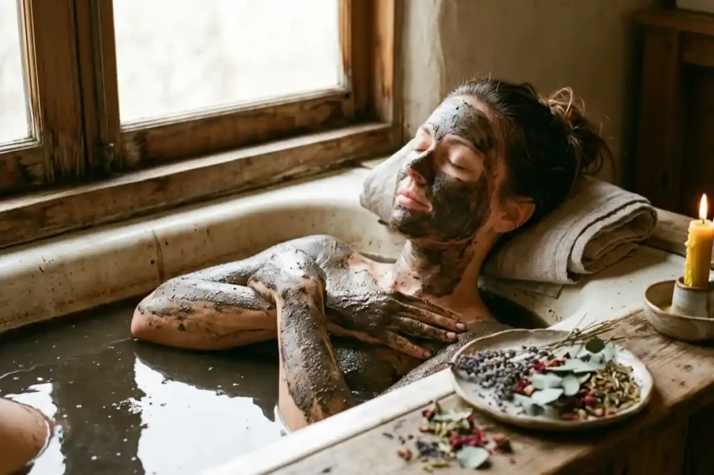 mud bath for skin ritual with mineral clay and botanicals UK wellness