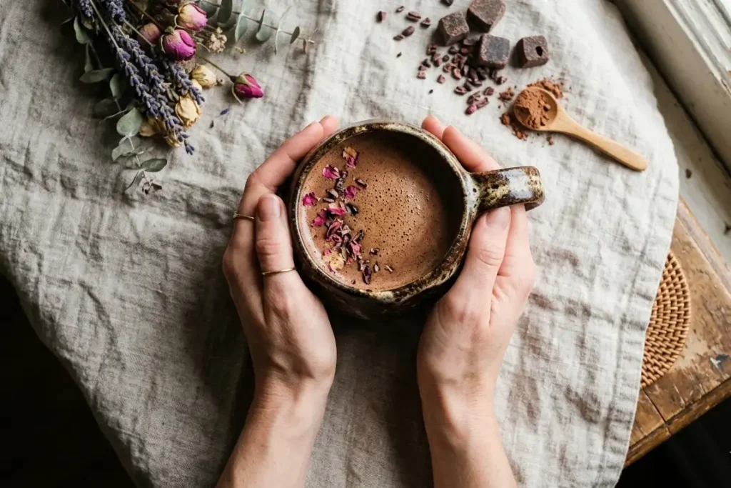 person learning how to prepare ceremonial cacao at home UK, hands holding a ceramic cup in morning light