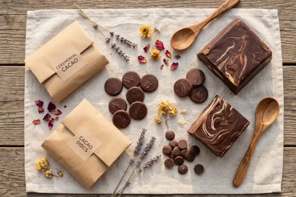 Selection of ceremonial cacao products available from UK suppliers including paste blocks discs and buttons
