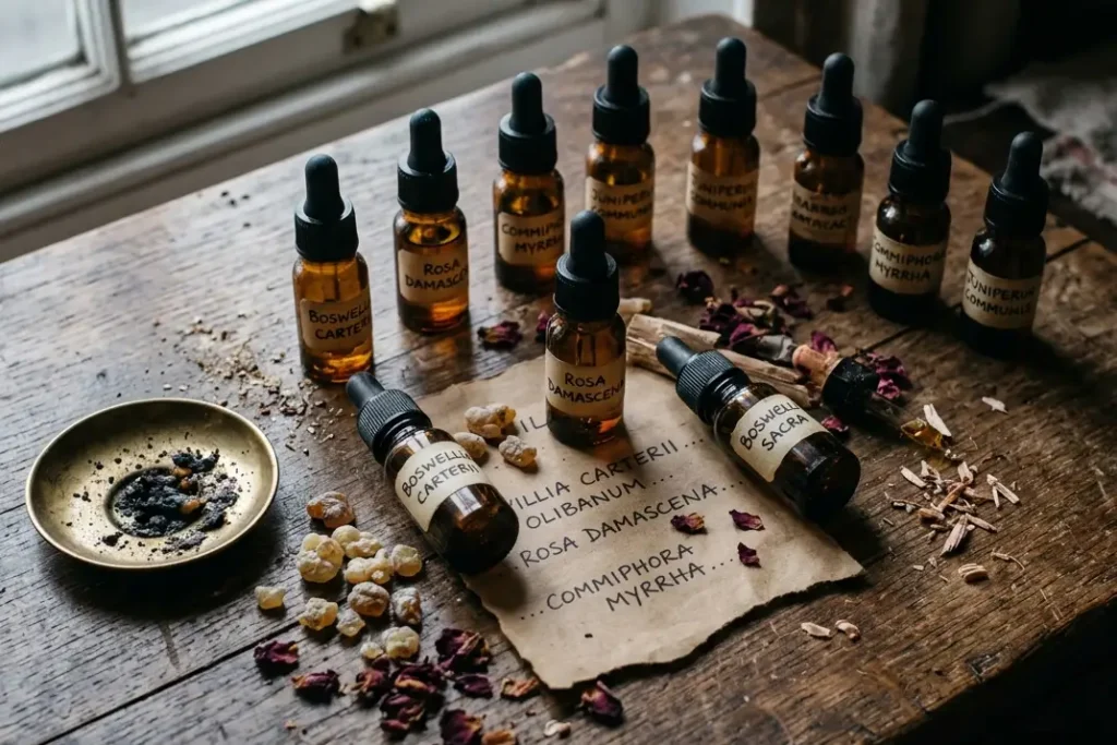 Eleven natural fragrance oils UK arranged on a worn wooden altar with dried frankincense resin and rose petals in soft morning window light