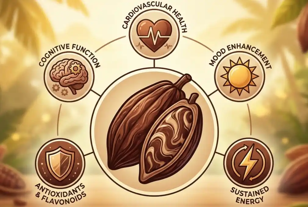 Illustrated diagram showing the key health benefits of ceremonial cacao including heart brain mood and energy support
