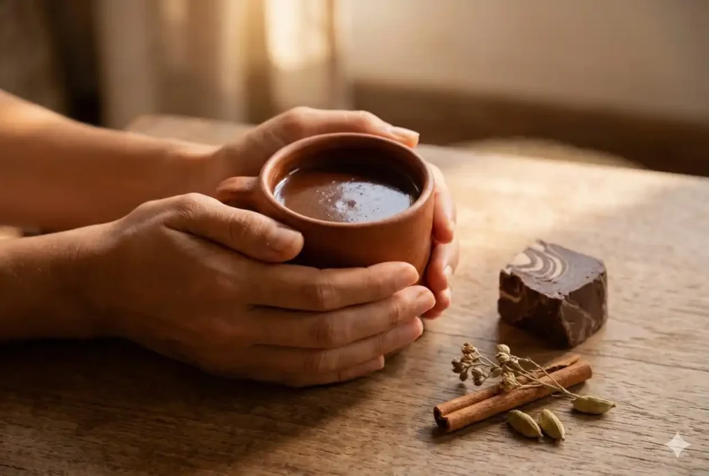 Two hands cradling a handmade ceramic mug of prepared ceremonial cacao beside a raw cacao block and dried botanicals — a sacred wellness gift ritual in the UK