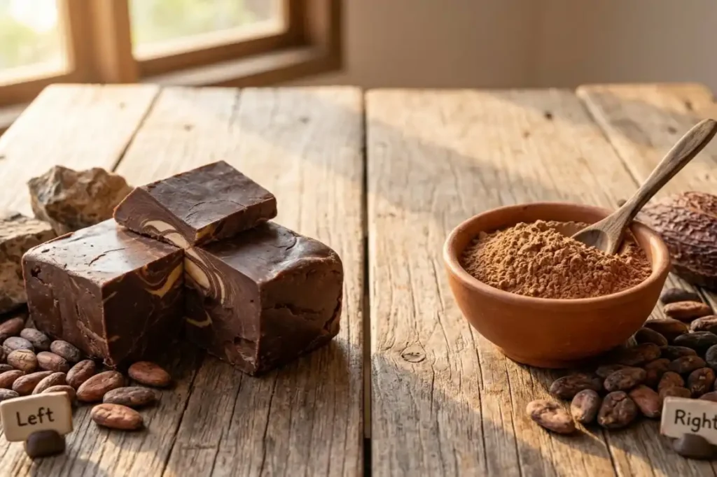 Ceremonial cacao paste blocks compared to cocoa powder showing the difference in colour and texture